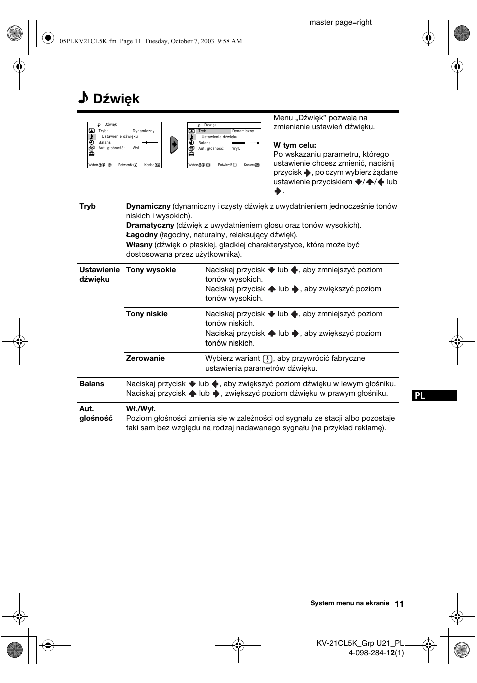 Dźwięk | Sony KV-21CL5K User Manual | Page 83 / 128