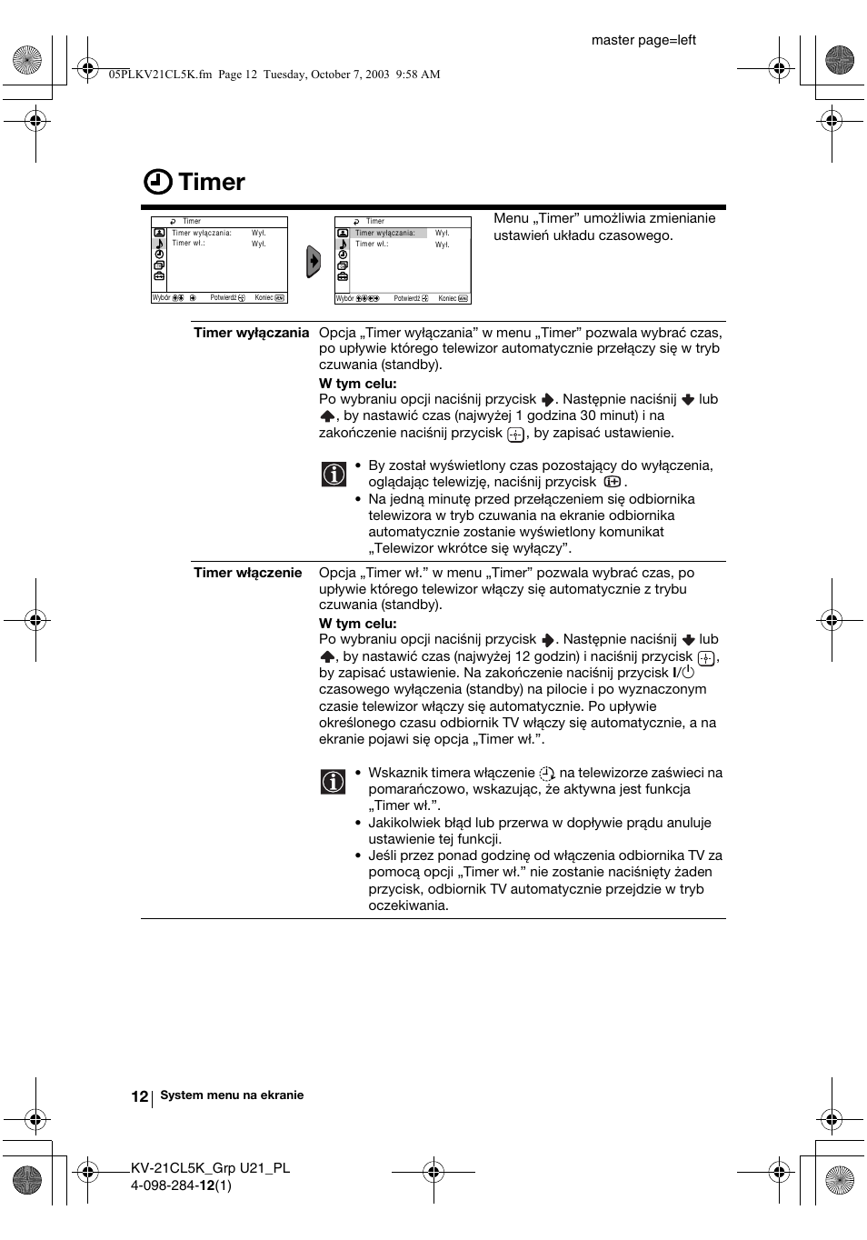 Timer | Sony KV-21CL5K User Manual | Page 84 / 128