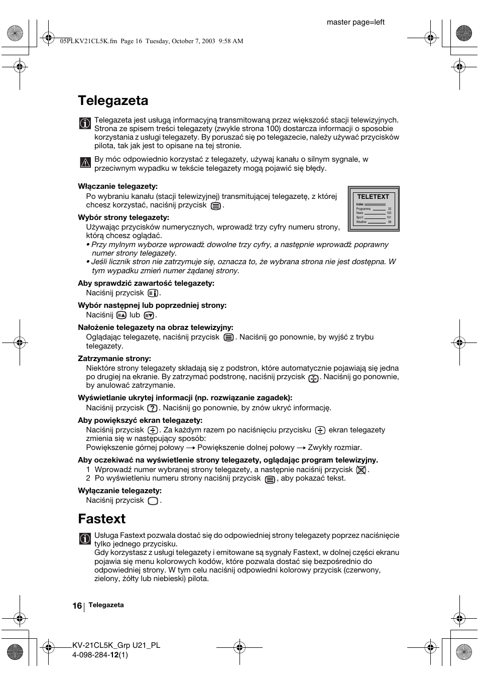 Telegazeta, Fastext | Sony KV-21CL5K User Manual | Page 88 / 128