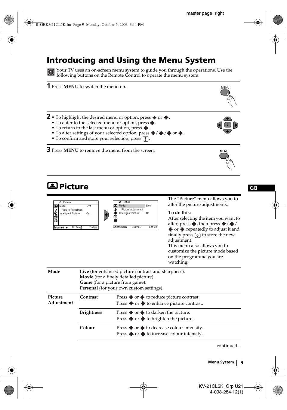 Introducing and using the menu system, Picture | Sony KV-21CL5K User Manual | Page 9 / 128