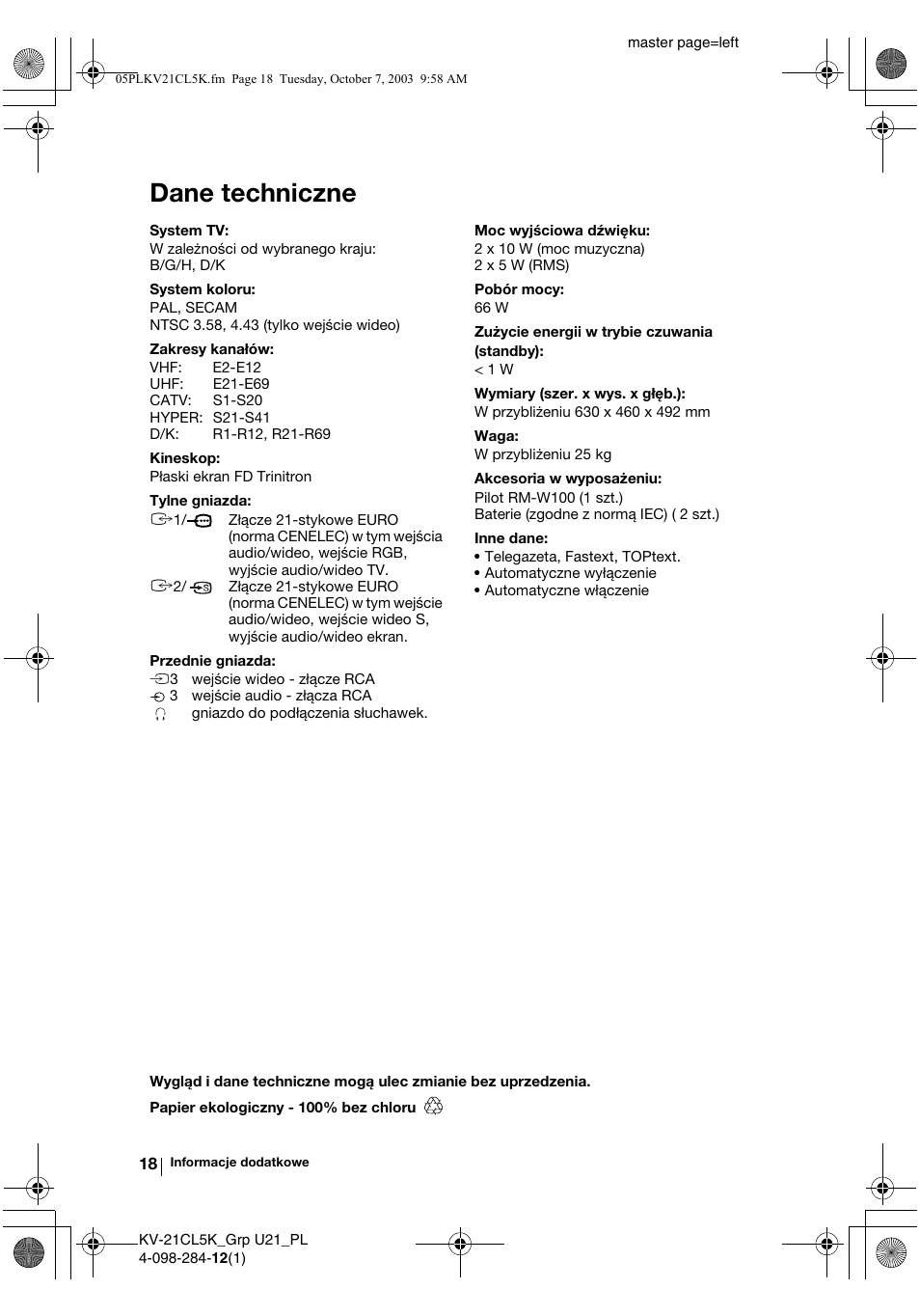 Dane techniczne | Sony KV-21CL5K User Manual | Page 90 / 128