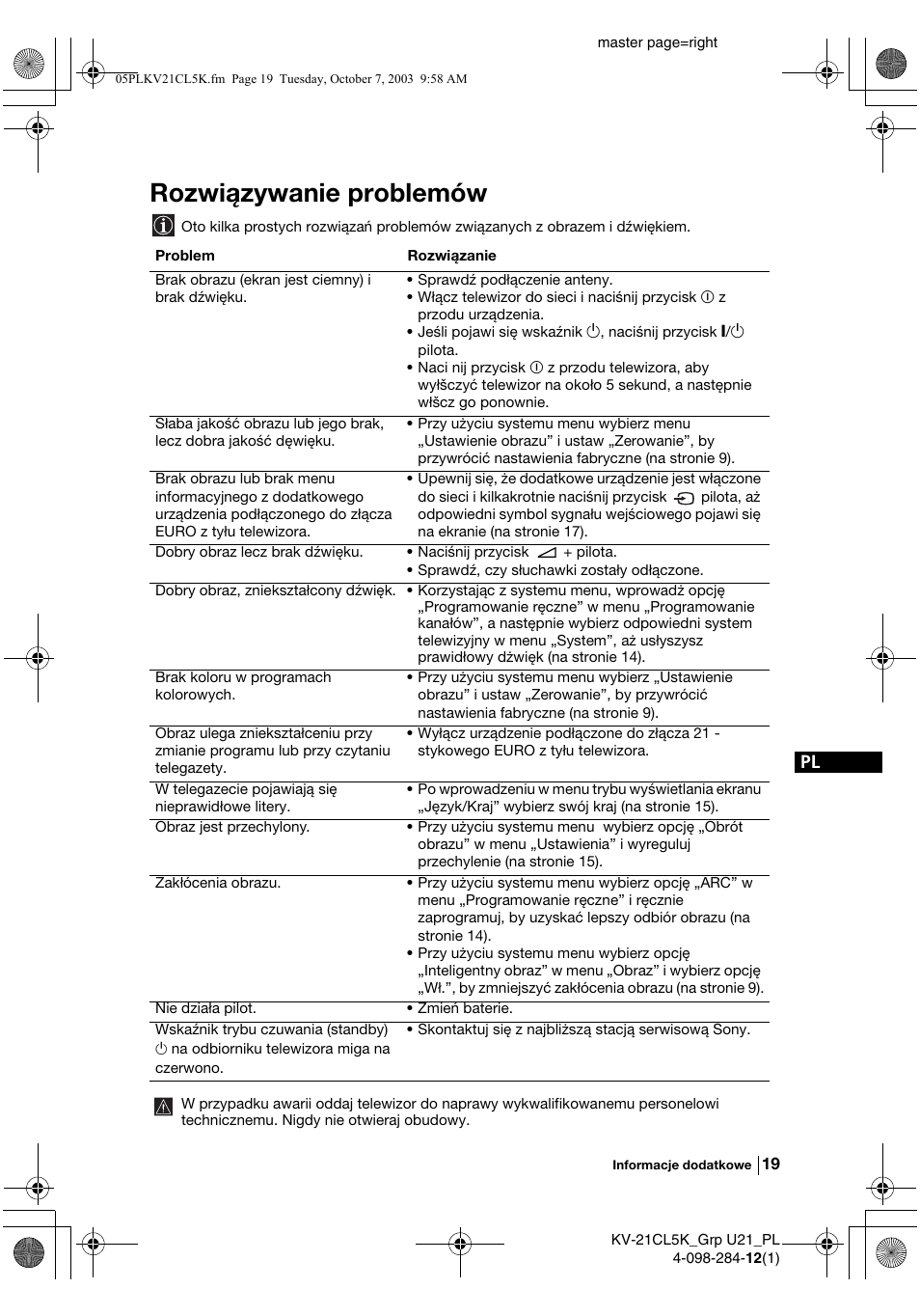 Rozwiązywanie problemów | Sony KV-21CL5K User Manual | Page 91 / 128