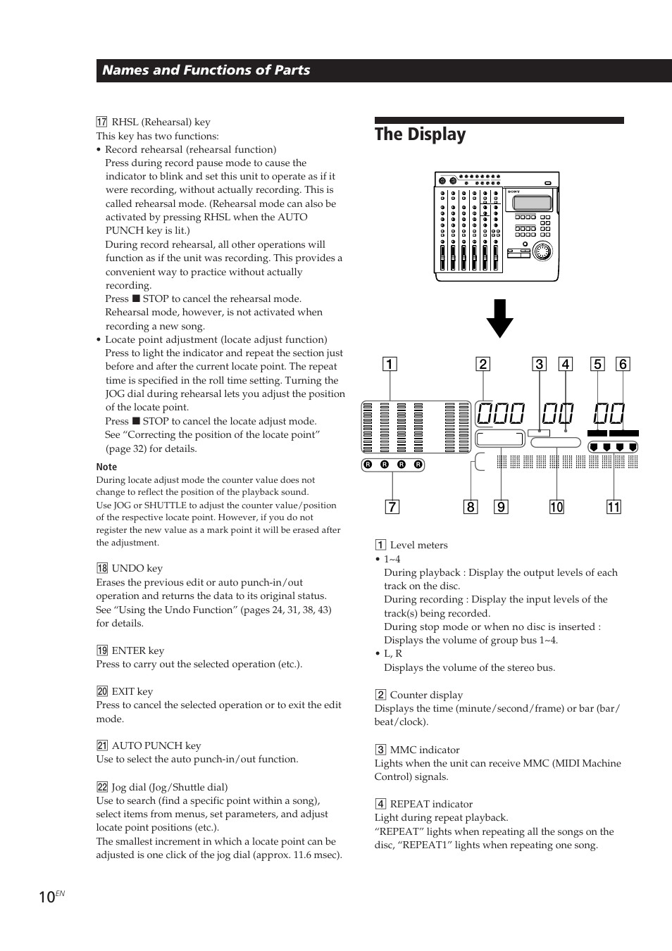 The display, Names and functions of parts | Sony MDM-X4 User Manual | Page 10 / 194