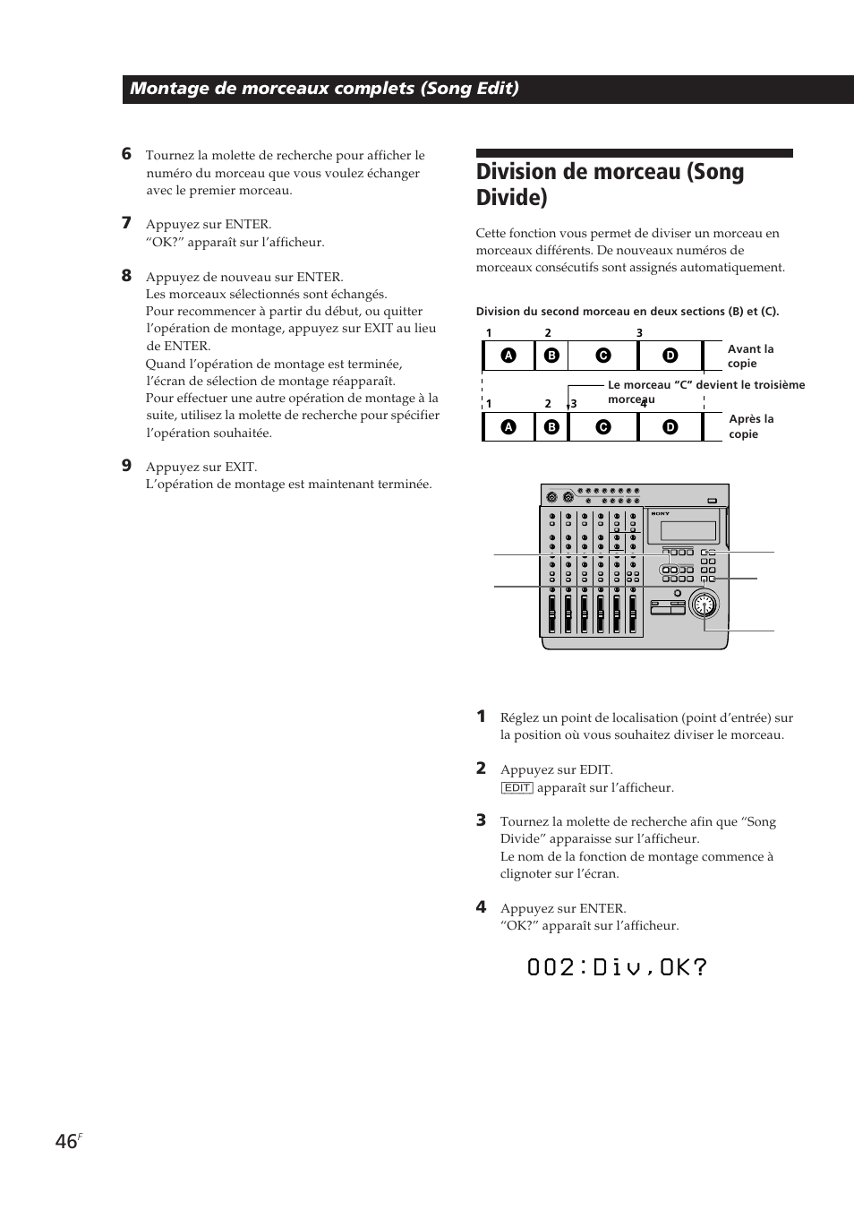 0 0 2 : d i v , o k, Division de morceau (song divide) | Sony MDM-X4 User Manual | Page 111 / 194