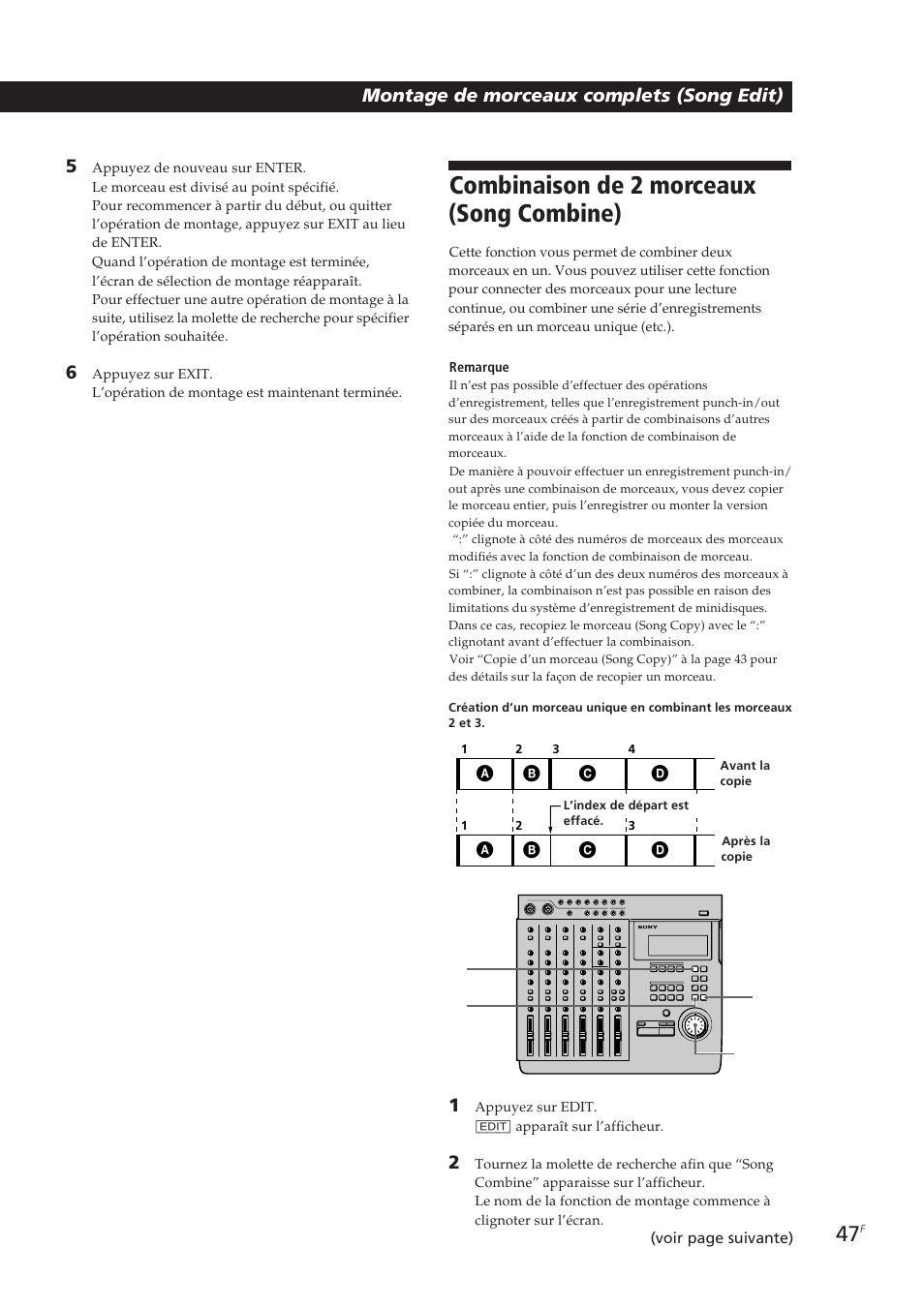 Combinaison de 2 morceaux (song combine), Montage de morceaux complets (song edit) 5 | Sony MDM-X4 User Manual | Page 112 / 194