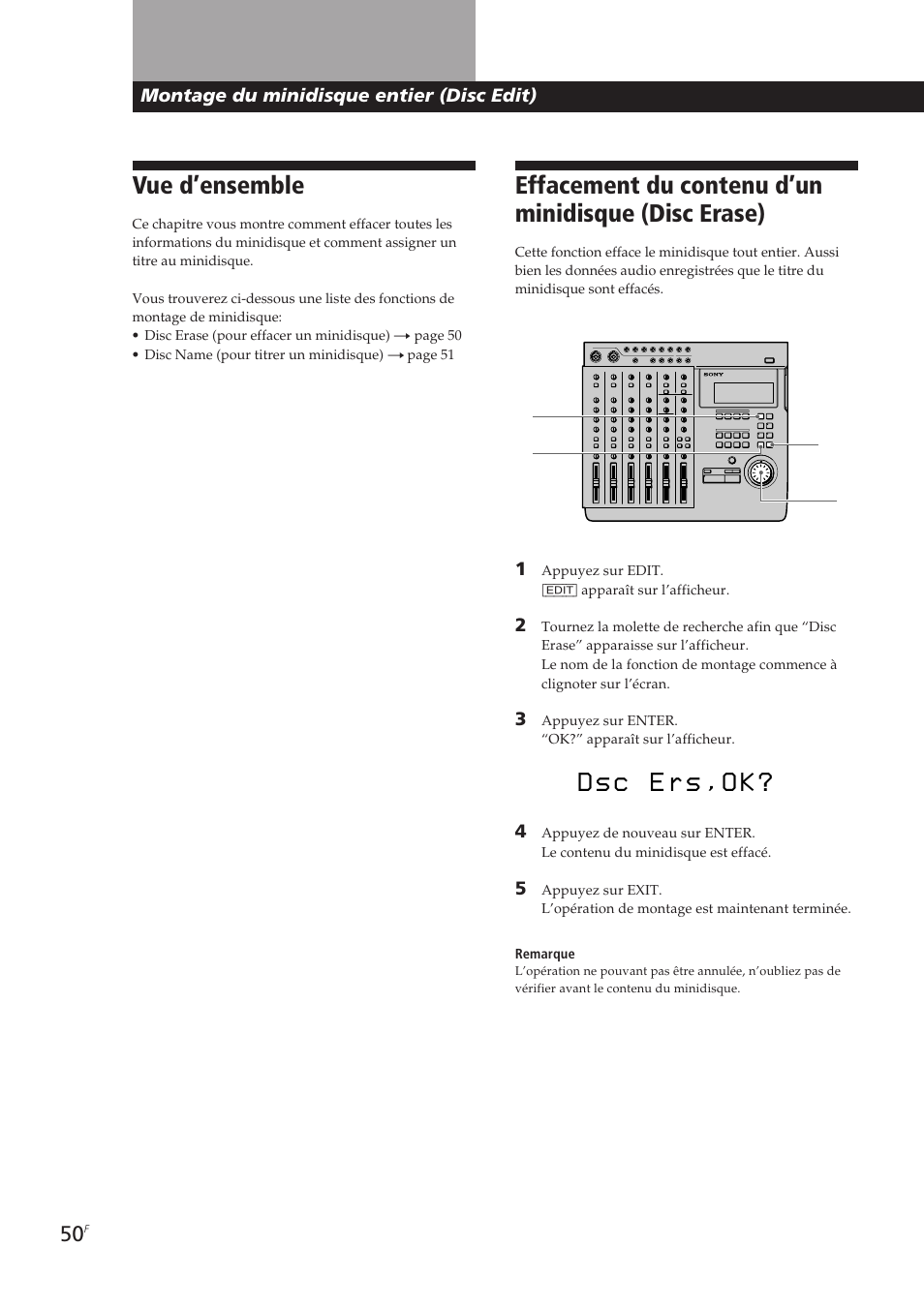 Vue d’ensemble, Effacement du contenu d’un minidisque (disc erase) | Sony MDM-X4 User Manual | Page 115 / 194