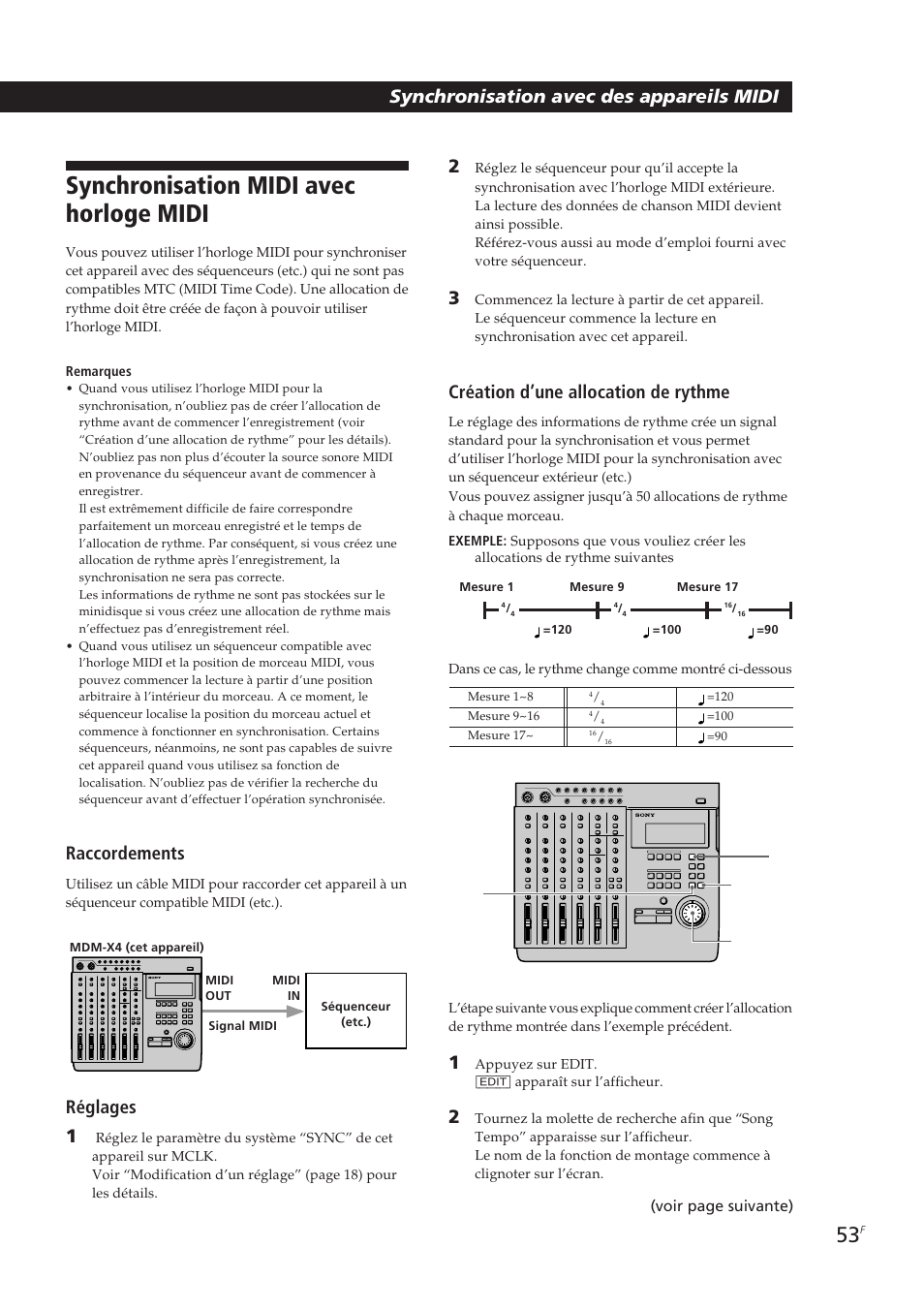 Synchronisation midi avec horloge midi, Raccordements, Réglages 1 | Création d’une allocation de rythme, Synchronisation avec des appareils midi | Sony MDM-X4 User Manual | Page 118 / 194