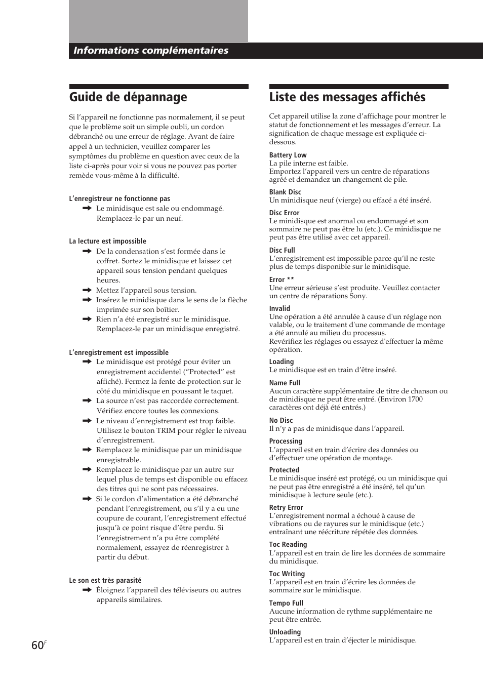 Liste des messages affichés, Guide de dépannage, Informations complémentaires | Sony MDM-X4 User Manual | Page 125 / 194