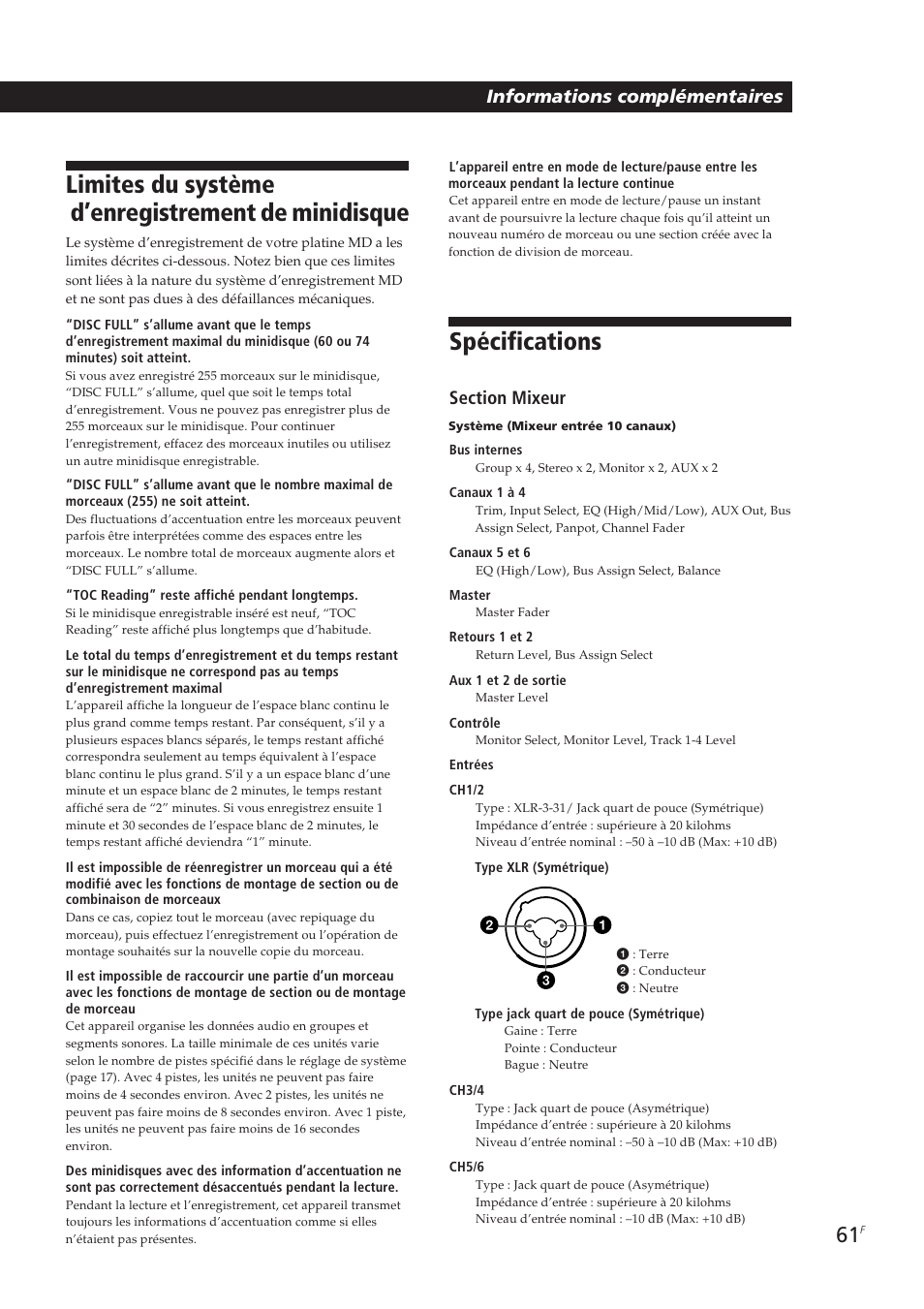 Limites du système d’enregistrement de minidisque, Spécifications, Informations complémentaires | Sony MDM-X4 User Manual | Page 126 / 194