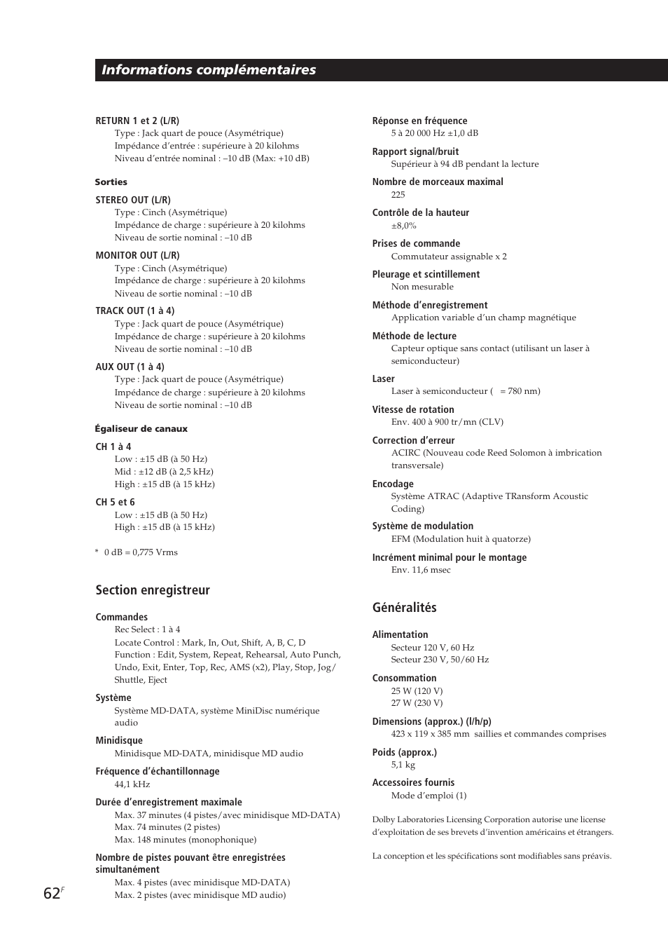 Informations complémentaires, Généralités | Sony MDM-X4 User Manual | Page 127 / 194