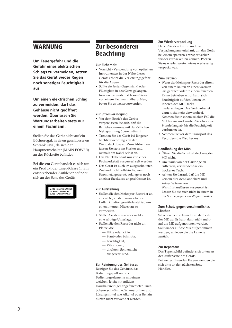 Zur besonderen beachtung, Warnung | Sony MDM-X4 User Manual | Page 131 / 194