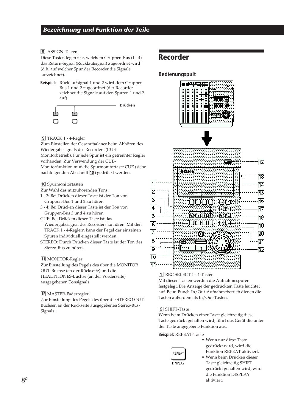 Recorder, Bezeichnung und funktion der teile, Bedienungspult | Sony MDM-X4 User Manual | Page 137 / 194