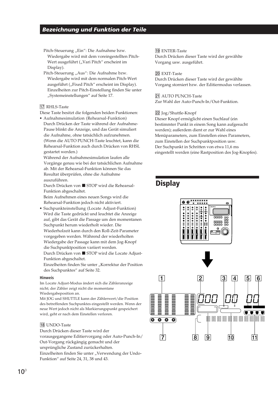 Display, Bezeichnung und funktion der teile | Sony MDM-X4 User Manual | Page 139 / 194