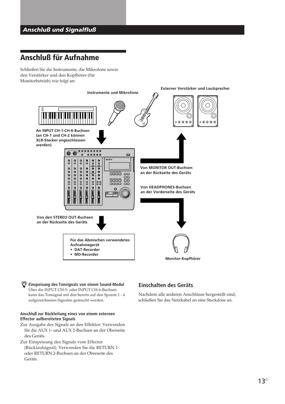 Anschluß für aufnahme, Anschluß und signalfluß, Einschalten des geräts | Sony MDM-X4 User Manual | Page 142 / 194