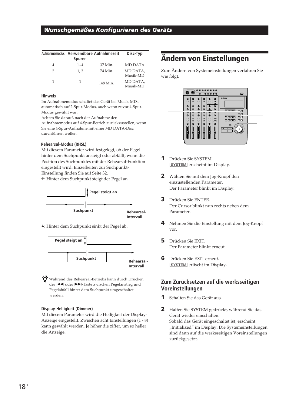 Ändern von einstellungen, Wunschgemäßes konfigurieren des geräts | Sony MDM-X4 User Manual | Page 147 / 194