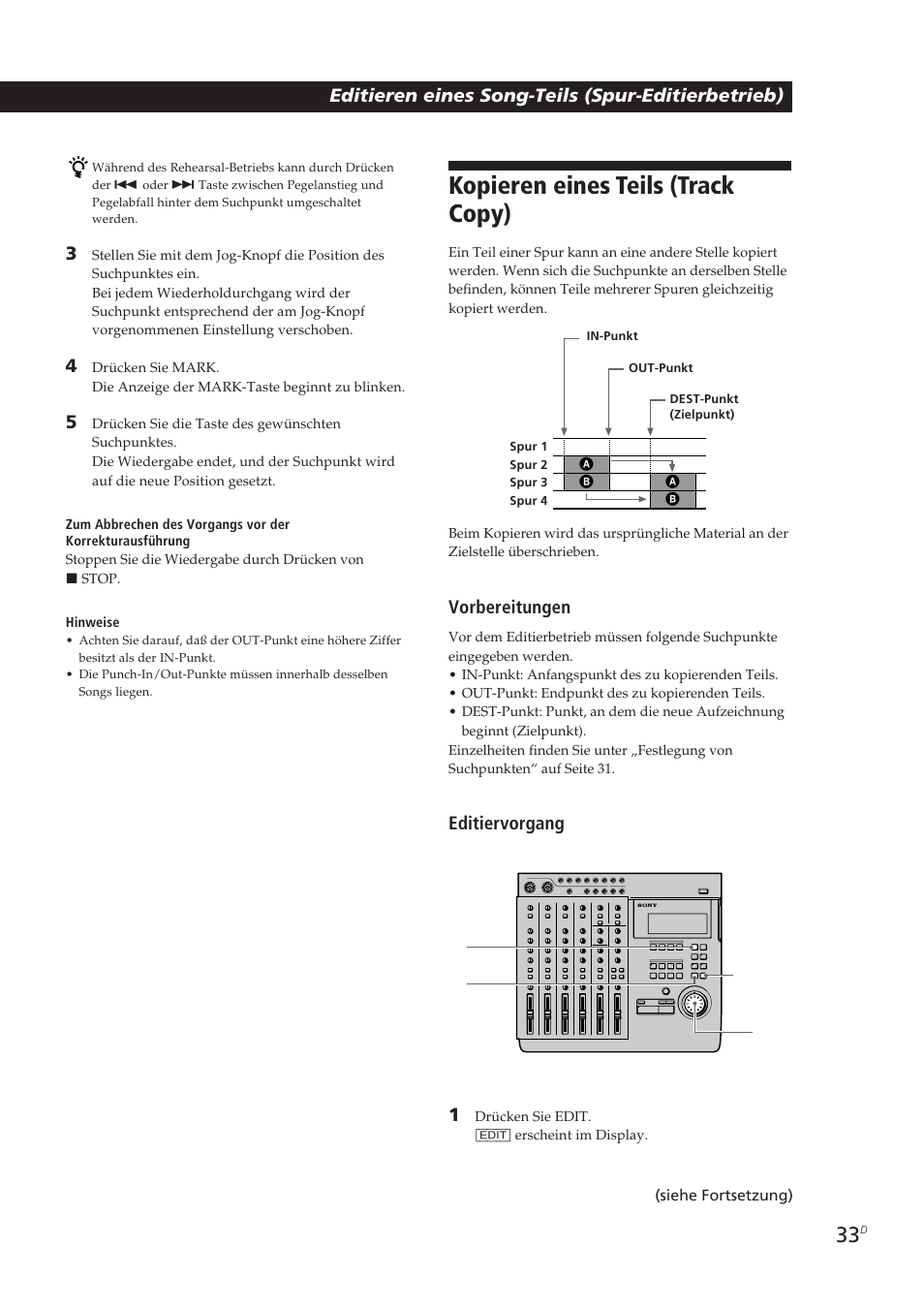 Kopieren eines teils (track copy), Editieren eines song-teils (spur-editierbetrieb), Vorbereitungen | Editiervorgang 1 | Sony MDM-X4 User Manual | Page 162 / 194