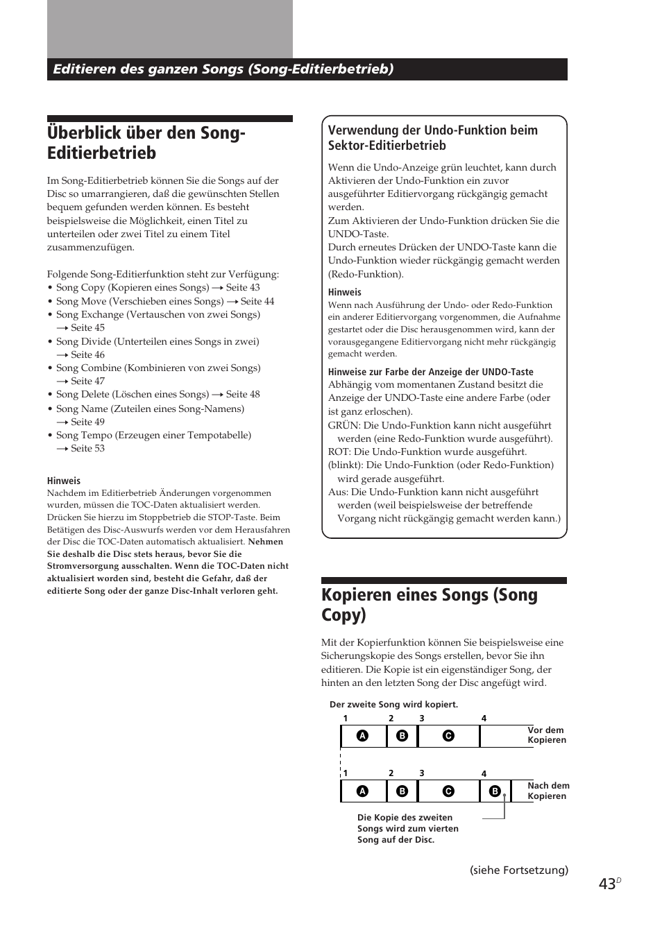 Überblick über den song- editierbetrieb, Kopieren eines songs (song copy), Editieren des ganzen songs (song-editierbetrieb) | Sony MDM-X4 User Manual | Page 172 / 194