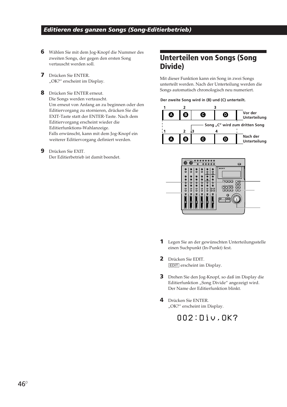 0 0 2 : d i v , o k, Unterteilen von songs (song divide) | Sony MDM-X4 User Manual | Page 175 / 194