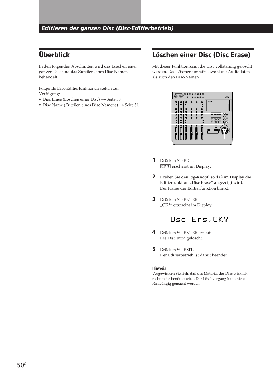 Überblick, Löschen einer disc (disc erase) | Sony MDM-X4 User Manual | Page 179 / 194