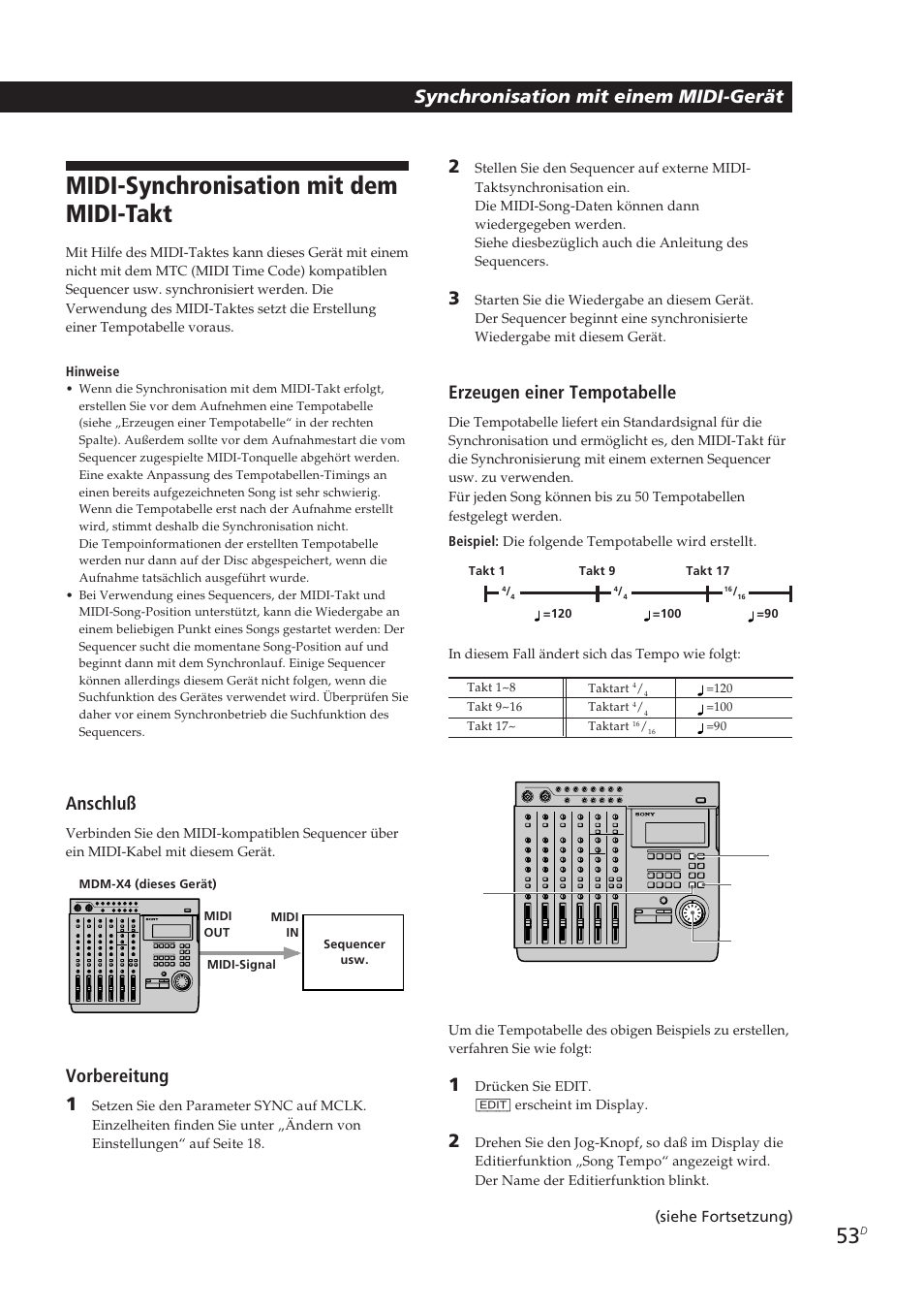 Midi-synchronisation mit dem midi-takt, Anschluß, Vorbereitung 1 | Erzeugen einer tempotabelle, Synchronisation mit einem midi-gerät | Sony MDM-X4 User Manual | Page 182 / 194
