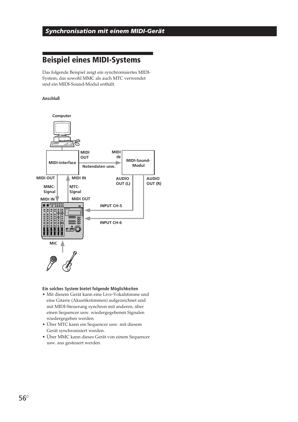 Beispiel eines midi-systems, Synchronisation mit einem midi-gerät | Sony MDM-X4 User Manual | Page 185 / 194