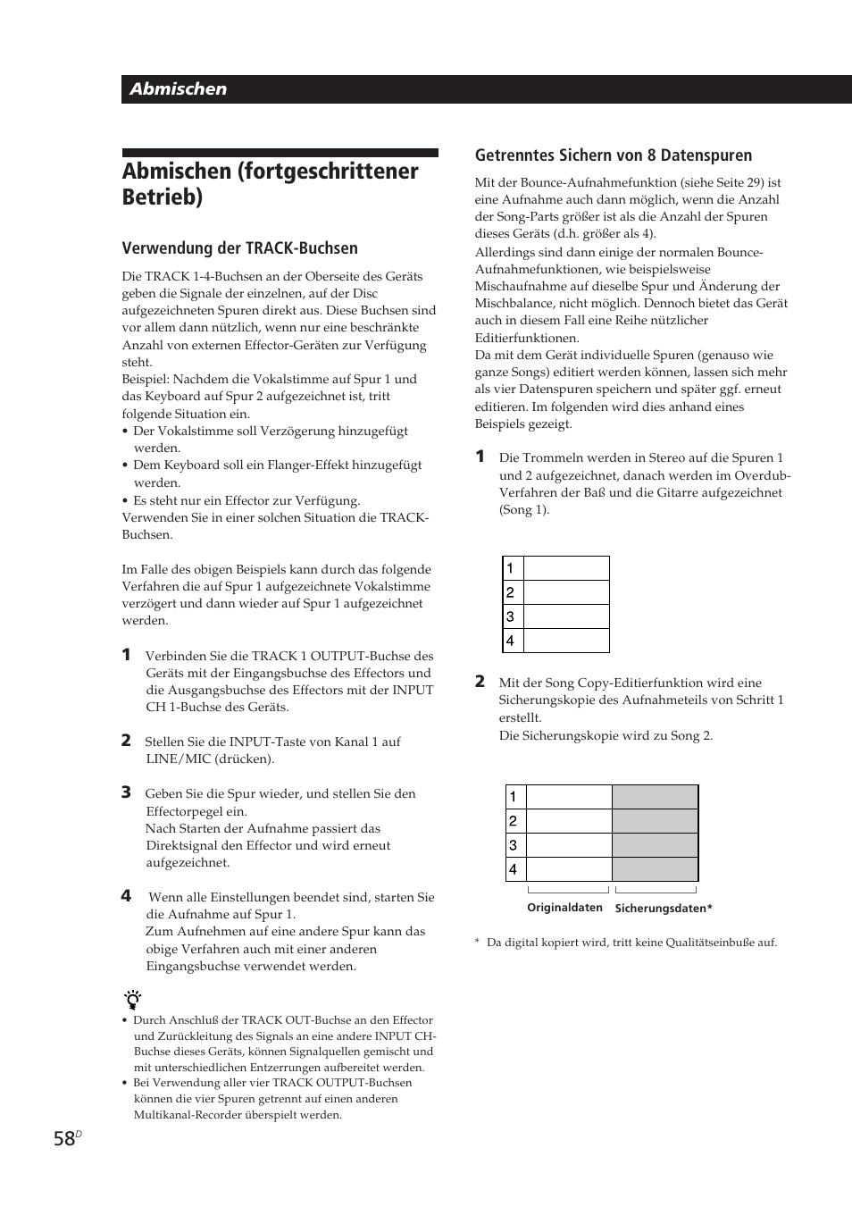 Abmischen (fortgeschrittener betrieb), Abmischen getrenntes sichern von 8 datenspuren, Verwendung der track-buchsen | Sony MDM-X4 User Manual | Page 187 / 194
