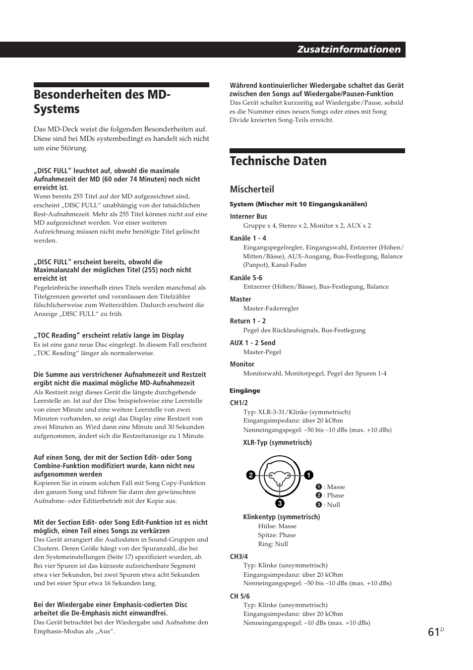 Besonderheiten des md- systems, Technische daten, Zusatzinformationen | Mischerteil | Sony MDM-X4 User Manual | Page 190 / 194