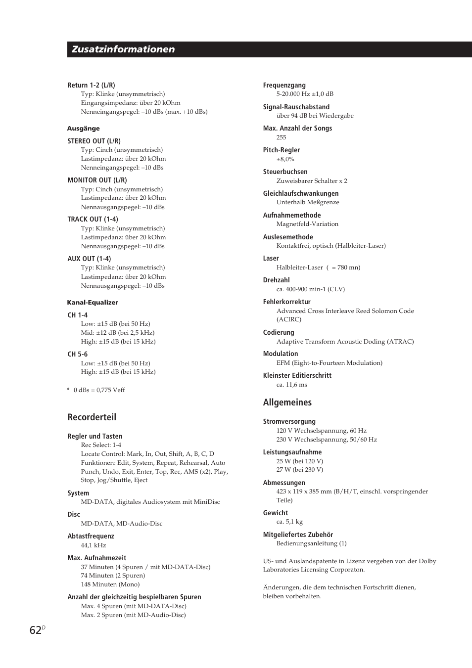 Zusatzinformationen, Recorderteil, Allgemeines | Sony MDM-X4 User Manual | Page 191 / 194