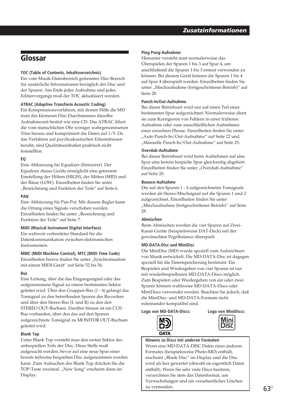 Glossar | Sony MDM-X4 User Manual | Page 192 / 194