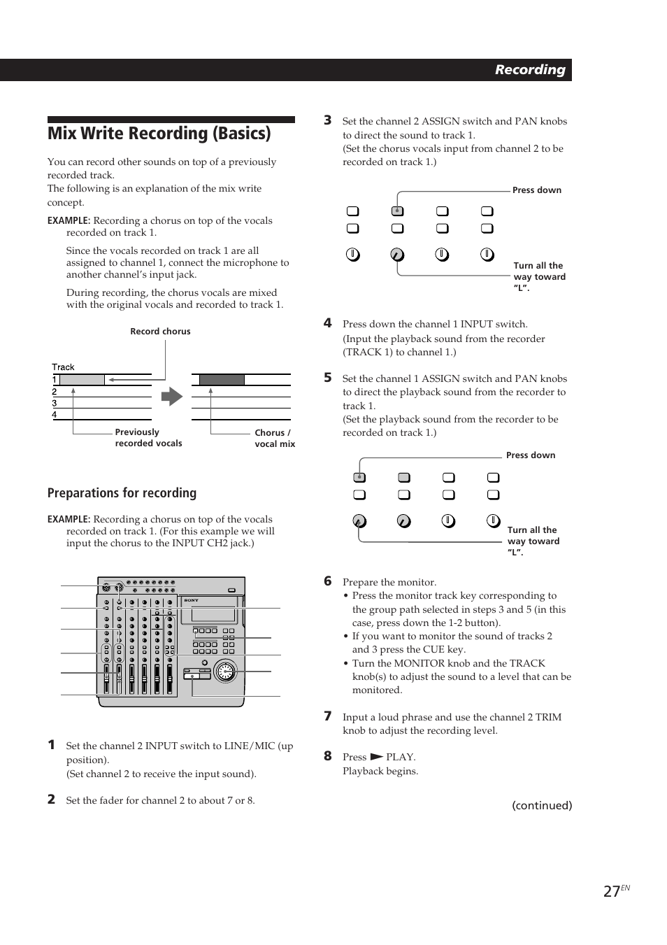 Mix write recording (basics), Recording 3, Preparations for recording | Sony MDM-X4 User Manual | Page 27 / 194