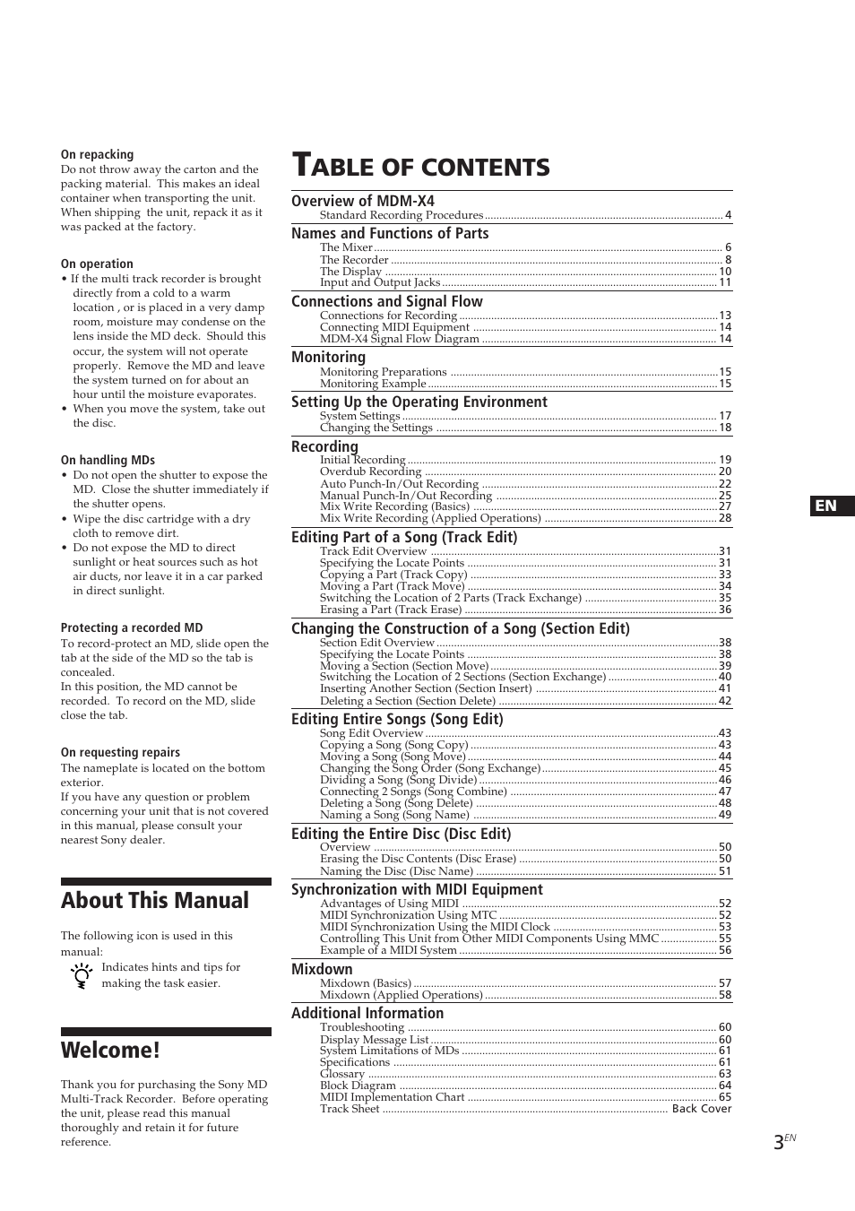 Able of contents, About this manual, Welcome | Sony MDM-X4 User Manual | Page 3 / 194