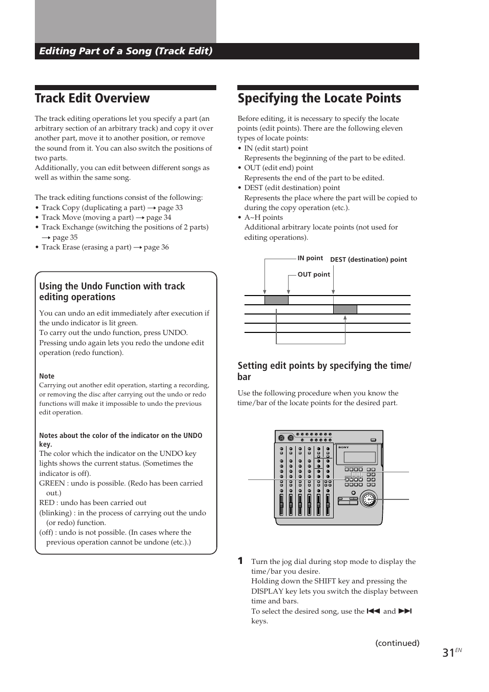 Track edit overview, Specifying the locate points | Sony MDM-X4 User Manual | Page 31 / 194