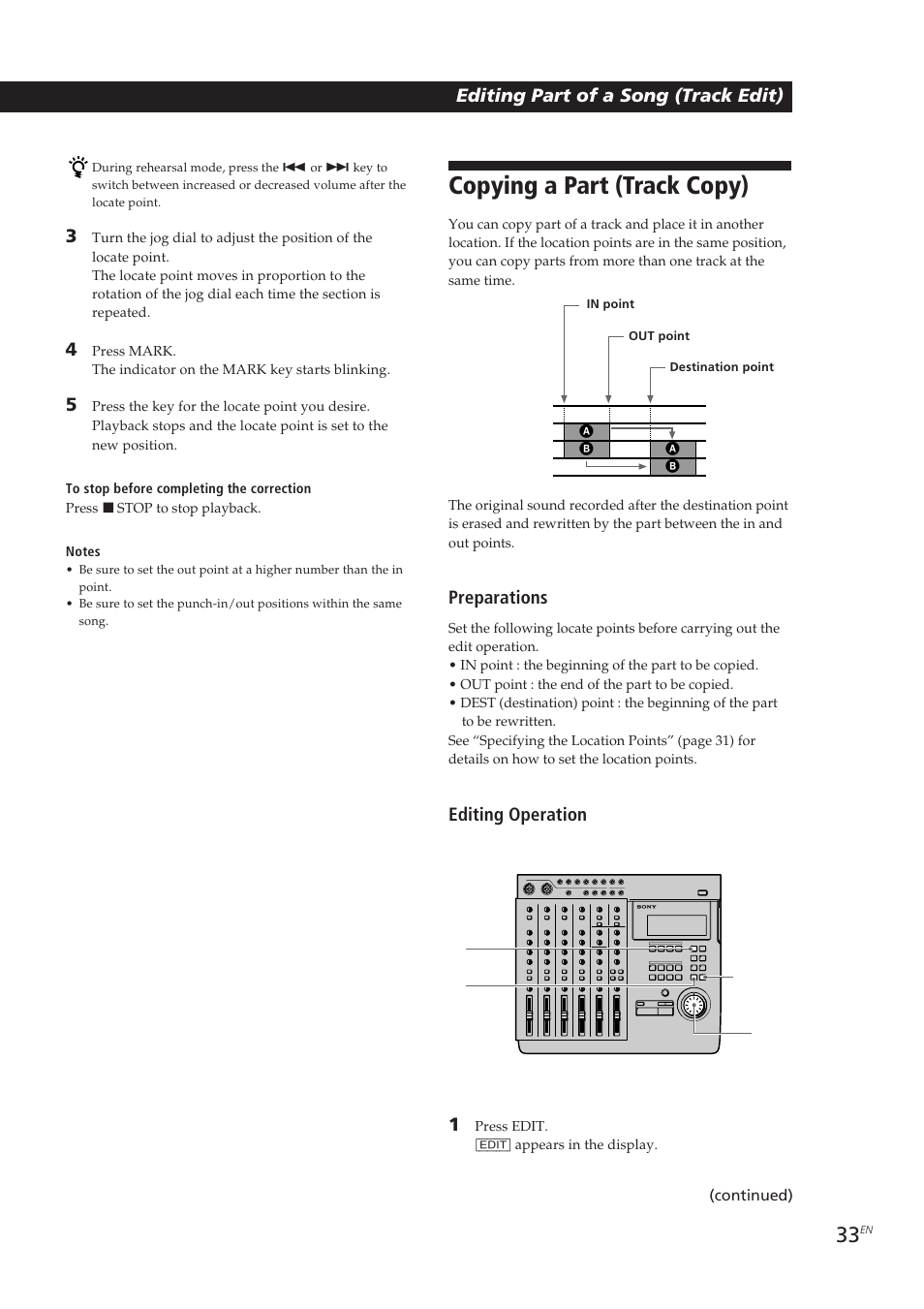 Copying a part (track copy), Editing part of a song (track edit), Preparations | Editing operation 1 | Sony MDM-X4 User Manual | Page 33 / 194