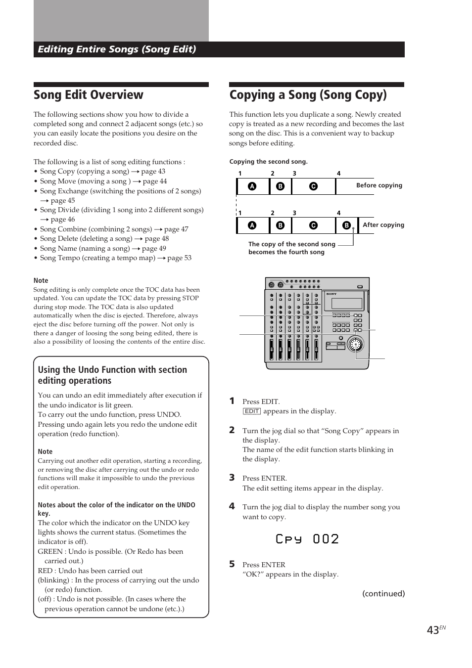 C p y 0 0 2, Song edit overview, Copying a song (song copy) | Sony MDM-X4 User Manual | Page 43 / 194