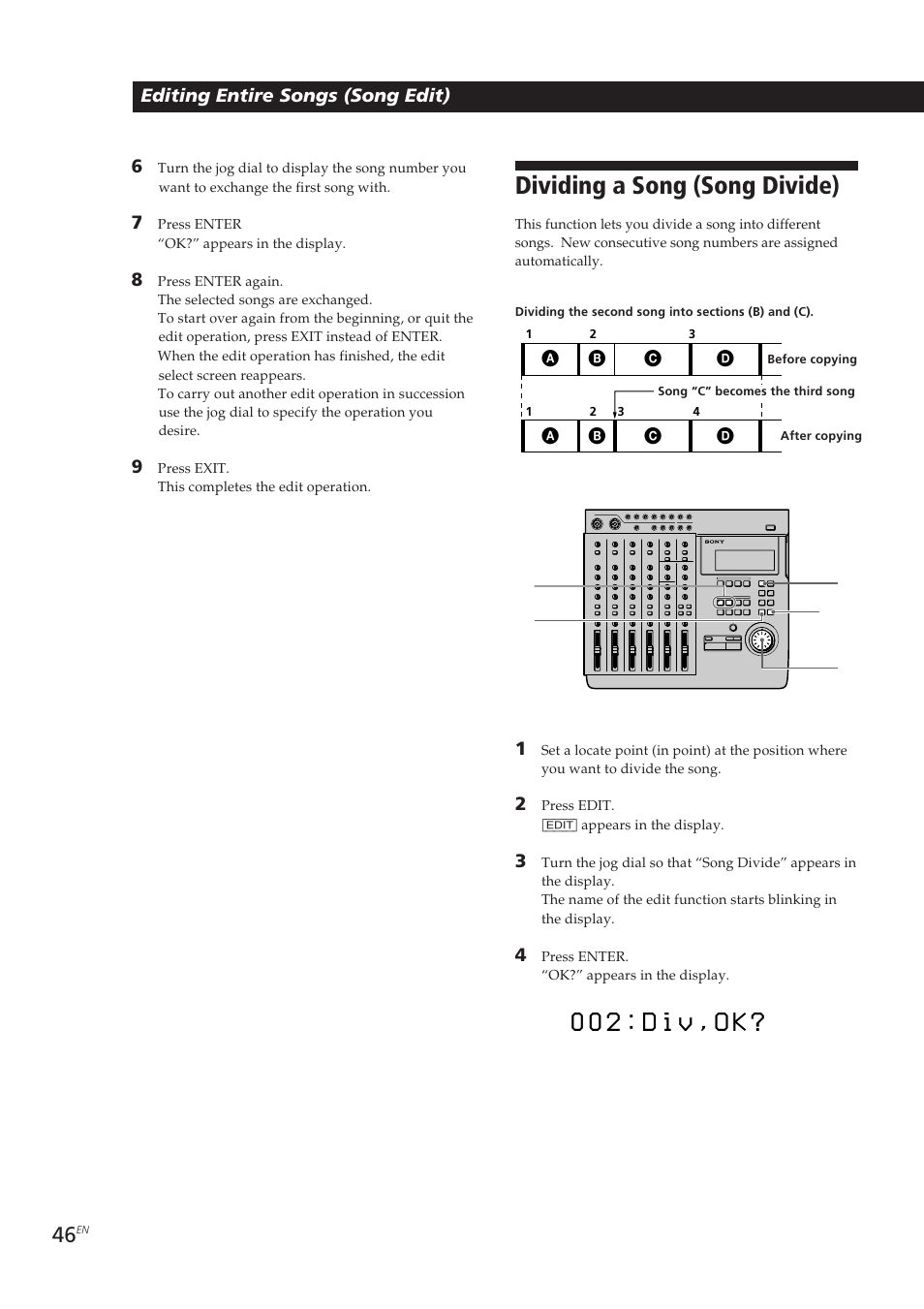 0 0 2 : d i v , o k, Dividing a song (song divide) | Sony MDM-X4 User Manual | Page 46 / 194