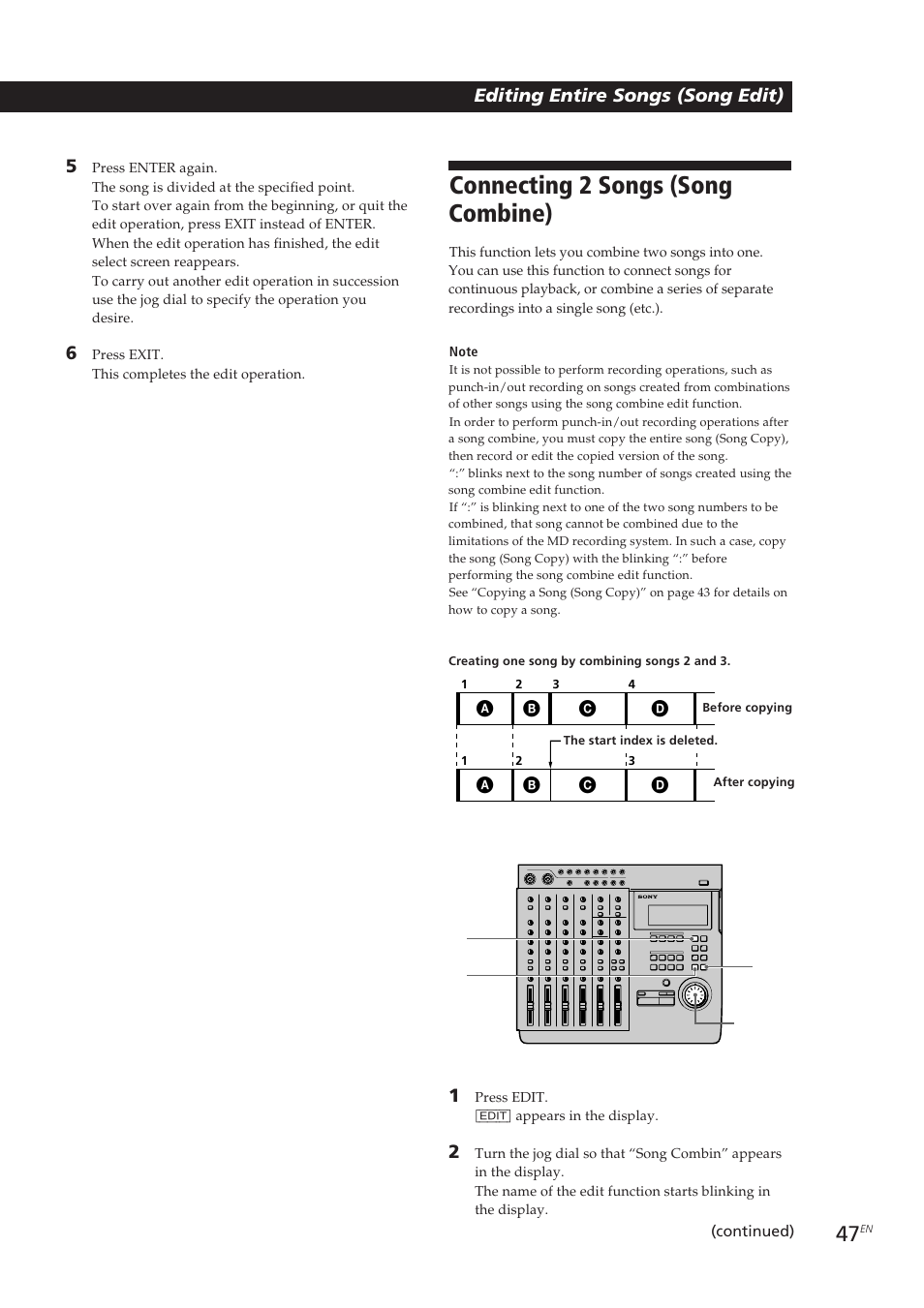 Connecting 2 songs (song combine) | Sony MDM-X4 User Manual | Page 47 / 194