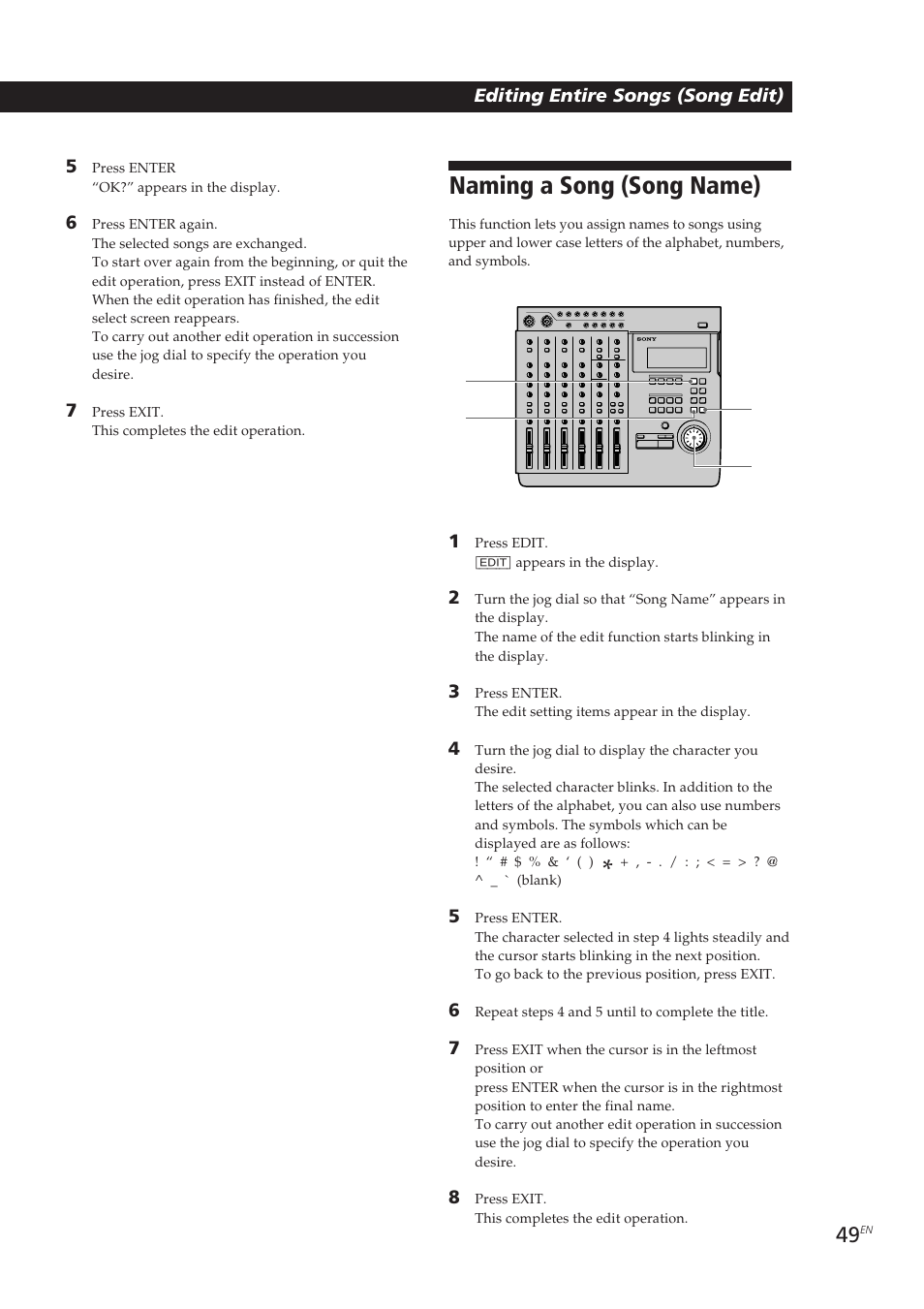 Naming a song (song name) | Sony MDM-X4 User Manual | Page 49 / 194