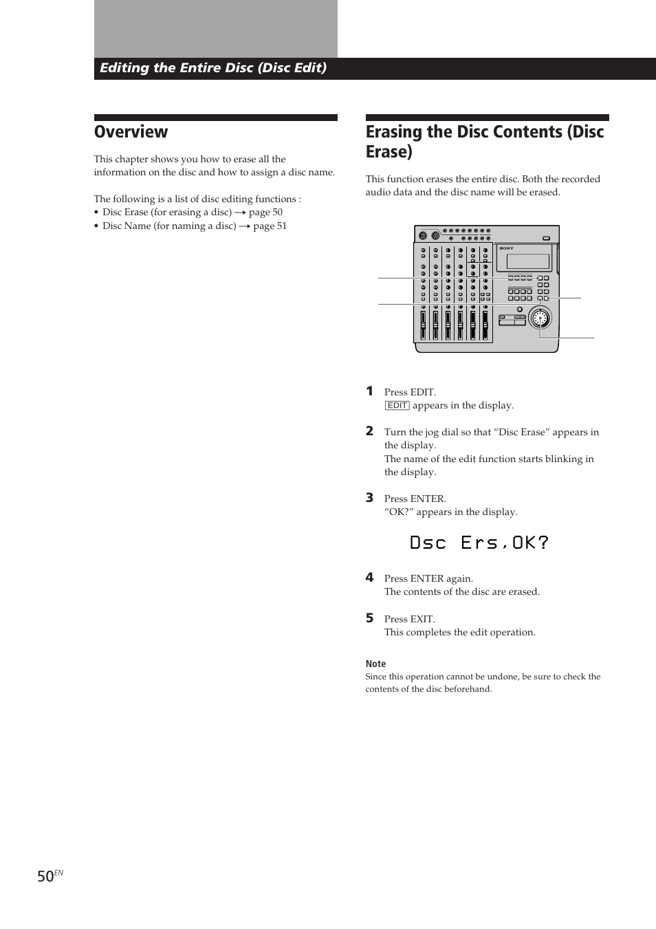 Overview, Erasing the disc contents (disc erase) | Sony MDM-X4 User Manual | Page 50 / 194