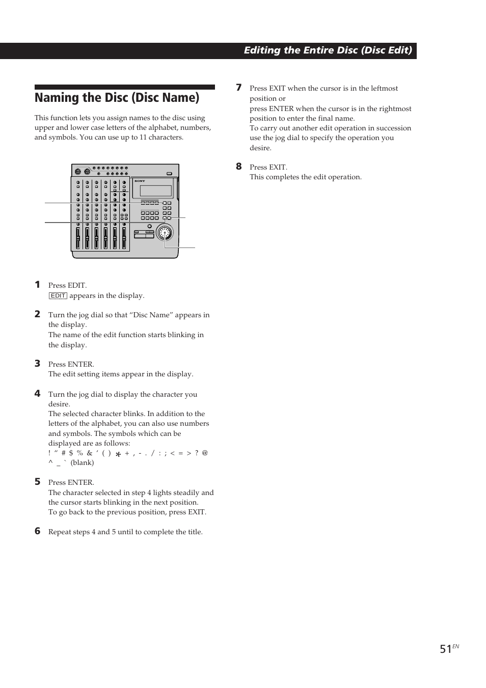 Naming the disc (disc name) | Sony MDM-X4 User Manual | Page 51 / 194