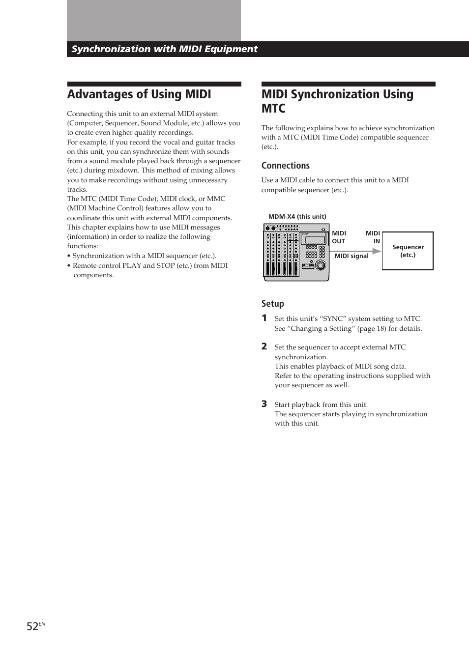 Advantages of using midi, Midi synchronization using mtc | Sony MDM-X4 User Manual | Page 52 / 194