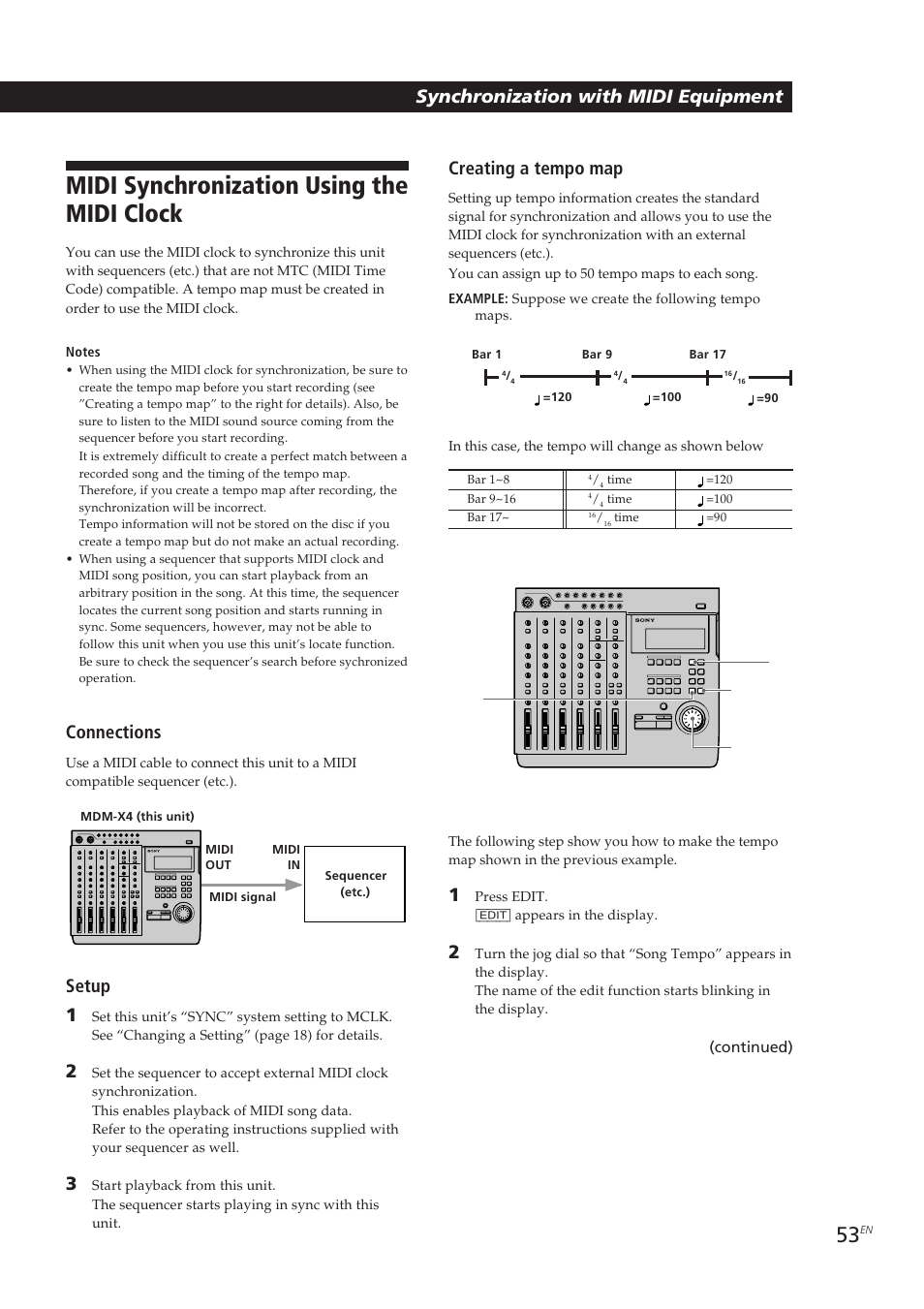 Midi synchronization using the midi clock, Connections, Setup 1 | Creating a tempo map, Synchronization with midi equipment | Sony MDM-X4 User Manual | Page 53 / 194