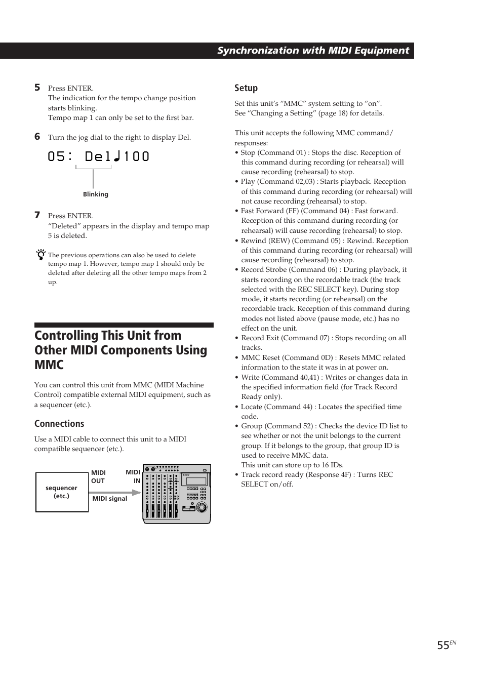 Synchronization with midi equipment 5, Connections, Setup | Sony MDM-X4 User Manual | Page 55 / 194