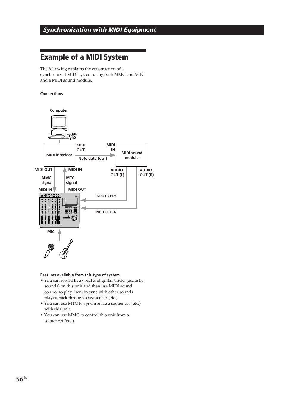 Example of a midi system, Synchronization with midi equipment | Sony MDM-X4 User Manual | Page 56 / 194