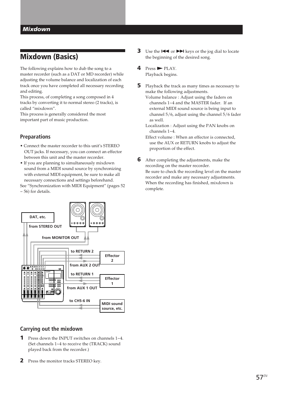 Mixdown (basics), Mixdown, Preparations | Carrying out the mixdown 1 | Sony MDM-X4 User Manual | Page 57 / 194