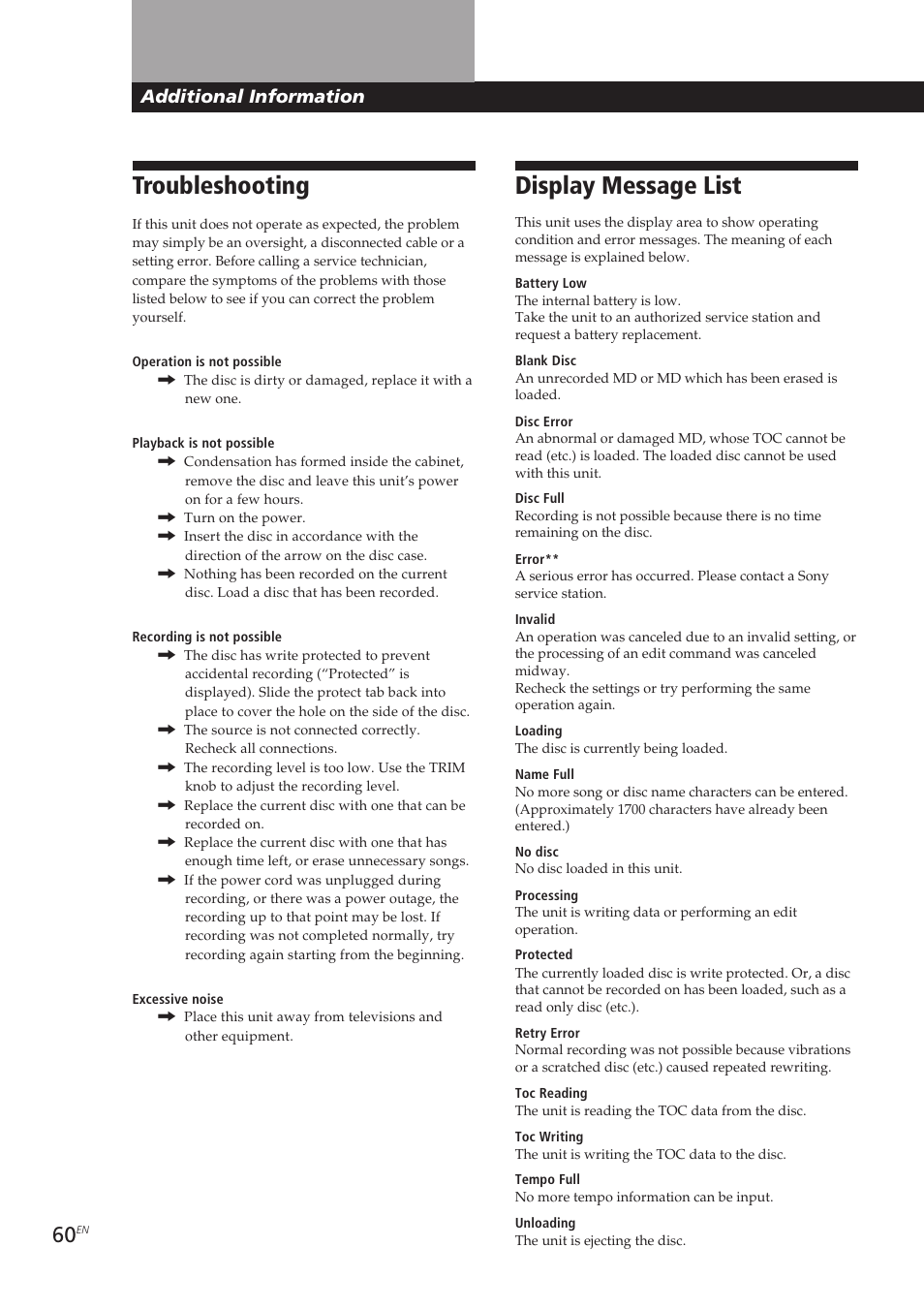 Display message list, Troubleshooting, Additional information | Sony MDM-X4 User Manual | Page 60 / 194