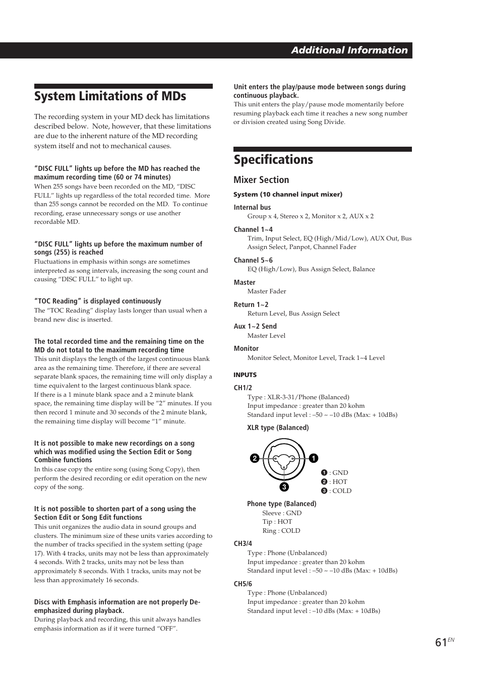 System limitations of mds, Specifications, Additional information | Sony MDM-X4 User Manual | Page 61 / 194