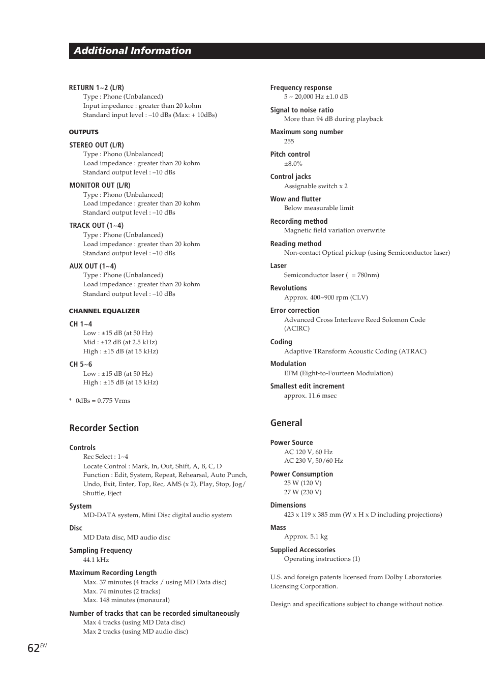 Additional information, General | Sony MDM-X4 User Manual | Page 62 / 194