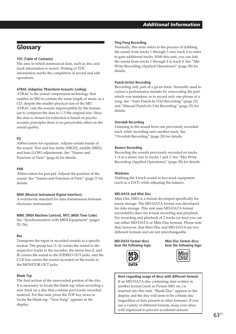 Glossary | Sony MDM-X4 User Manual | Page 63 / 194