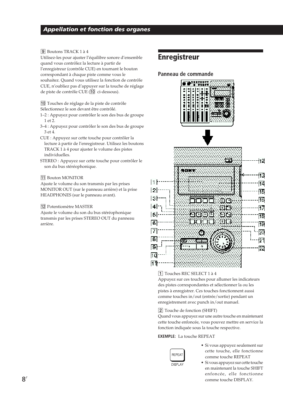 Enregistreur, Panneau de commande, Appellation et fonction des organes | Sony MDM-X4 User Manual | Page 73 / 194