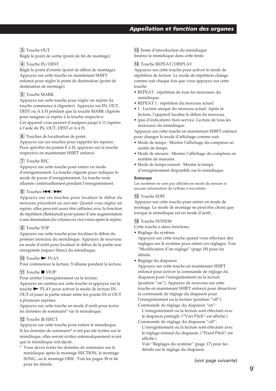 Appellation et fonction des organes | Sony MDM-X4 User Manual | Page 74 / 194